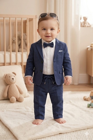 Baby Kids Colors Flamlı Keten Salaş Ceketli Takım Elbise/gömlek Pantolon Ceket Papyon Ay Grubu Zıbınlı Lacivert