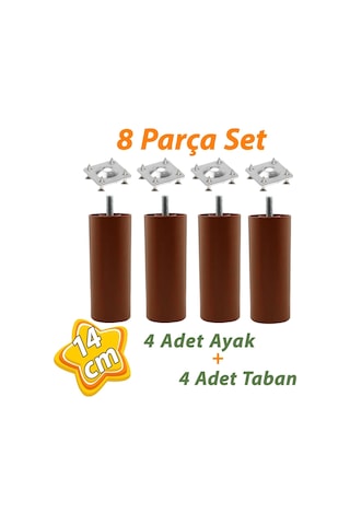 4 Adet Destek Ayağı 14 Cm Kahverengi Ve 4 Adet Düz Ayak Tabanı M8 Civatalı İnce Diş Kanepe Baza Seti