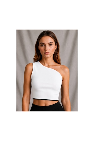 Zykrıon Kadın Beyaz Tek Omuz Asimetrik Crop Bluz Slim Fit Esnek Kumaş Şık Günlük Beyaz