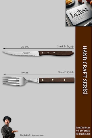 Lazbisa Mtf-060 Hand Craft Serisi Steak Et Bıçağı Çatalı 6 Lı Set Mutfak Bıçak Seti Kahverengi