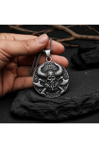 Paslanmaz Çelik Rün Sembollü Çift Taraflı Savaşçı Viking Kolye Antik Gümüş