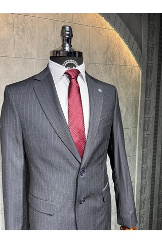 Dupont Classics Dupont Erkek Slim Fit 6 Drop Çizgili Viskon Mono Yaka Çift Düğme Çift Yırtmaç 2 Li Takım Elbise Açık Lacivert