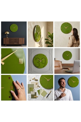Dekoratif Epoksi Duvar Saati 40 Cm, Army Green Modern Tasarım, Altın Detaylı, Sessiz Mekanizma, Yeni Ev Hediyesi Yeşil - Altın