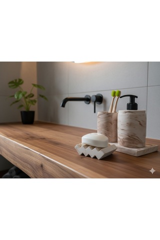 3'lü Bej Mermer Desen Banyo Seti ,sıvı Sabunluk Diş Fırçalığı Beton Aksesuar Takımı Bej