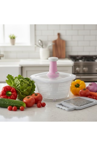 Ludıa Pratik Stop Tuşlu Sebze Salata Kurutucu 5 Lt Ve Kaymaz Tabanlı Çift Taraflı Rende Seti Beyaz