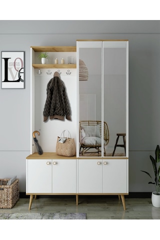 Floradesign Venus Vestiyer / Aynalı Vestiyer / Antre Portmanto Meşe Beyaz