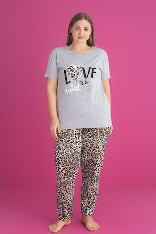 X-dreamy Büyük Beden Pamuklu Leopar Desenli Kısa Kollu Pijama Takımı Leopar
