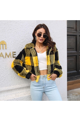 Sonbahar Ve Kış Kadın Ceketi Ceket Ekose Çift Taraflı Kadife Ceket Fener Kol Gevşek Uzun Kollu Kısa Ceket Sarı