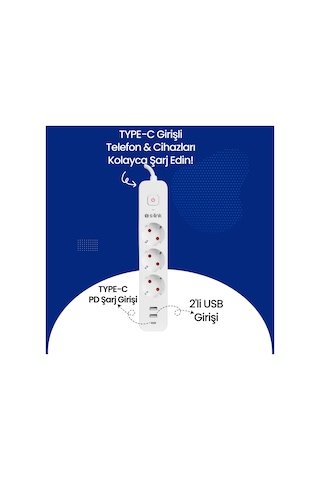 S-Link SPG03TC 1.5mt Akım Korumalı 3'lü Grup Priz 2 Usb +1 Type C Girişli
