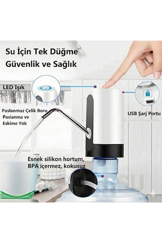 Alaska Şarjlı Otomatik Damacana Su Pompası Usb Kablolu, Dokunmatik, Pratik Su Sebili Siyah Beyaz