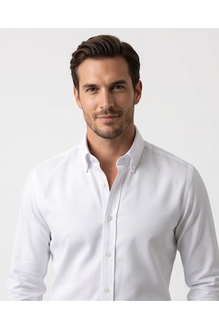 Özeniş Erkek Cepsiz Pamuklu Uzun Kollu Oxford Slim Fit Gömlek Beyaz