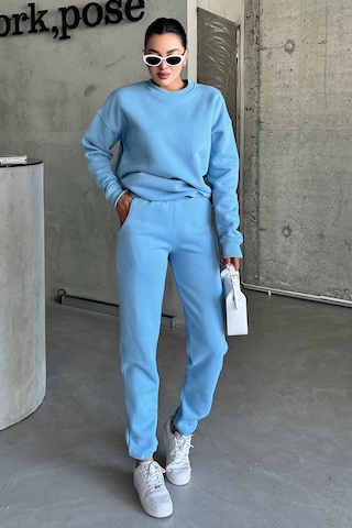 Modagen Unisex Bebe Mavi Bisiklet Yaka Düz Oversize Alt-üst Eşofman Takımı Bebe Mavi