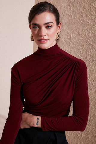 Lela Streç Büzgü Detaylı Slim Fit Dik Yaka Bayan Bluz 669925 Bordo