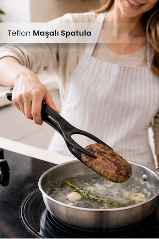 Yanmaz Yapışmaz 220 Derece Dayanıklı Teflon Maşalı Spatula - Spatula Servis Kepçesi Siyah