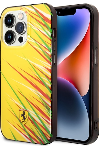 İphone Uyumlu 14 Pro Max Kılıf Ferrari Lisanslı Baskı Logolu Çimen Desenli Kapak Sarı