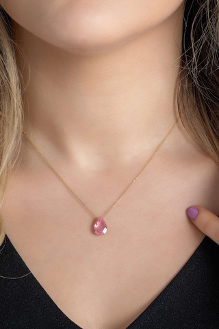 Moom Mücevherat Kadın Damla Taşlı Pembe Renkli Kolye 14 Ayar Altı