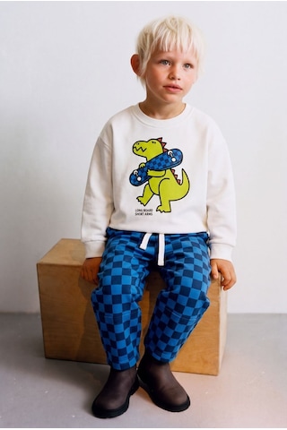 Magu Çocuk Pamuklu Dinozor Baskılı Sweatshirt Ve Mavi Dama Eşofman Takımı Çok Renkli