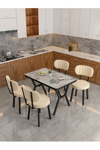 Azra 70x110cm Efes Mutfak Masası, Mutfak Masası Takımı, Yemek Masası, 4 Krem Sandalye Krem
