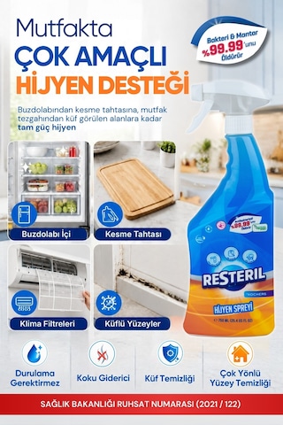 Resteril Buzdolabı Koku Giderici Küf Temizleyici Spreyi Durulanmayan Buzdolabı Temizleyici Kesme Tahtası Mutfak Yüzey Dezenfektanı 750 ML