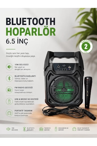 Bluetooth Hoparlör Mikrofonlu Taşınabilir Ses Sistemi Fm Radyo Usb Sd Kart Ve Tws Özellikli