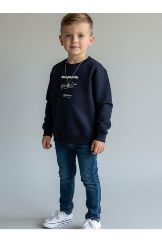 Zekids Erkek Çocuk Pamuklu Stay Yazılı İnce Uzun Kollu Sweatshirt-16334 Lacivert