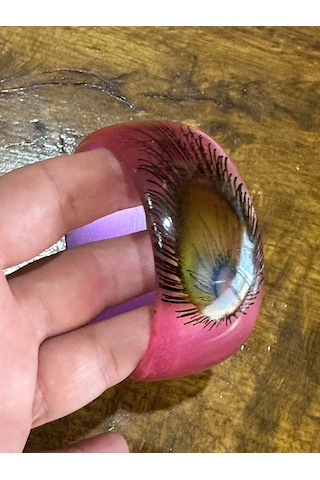 Tavus Kuşu Kanadı Desenli Kemik Kadın Hint Bileziği Çap 7 Cm Pembe