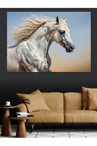Rüzgarda Yelesi Savrulan Beyaz At Dekoratif Kanvas - Mdf Ahşap Tablo