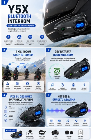 Y5x Bluetooth Kask Kulaklığı 1000 Metre İnterkom 4 Kişi Grup Konuşma Müzik Paylaşımı Mikrofonlu Motosiklet Kulaklığı