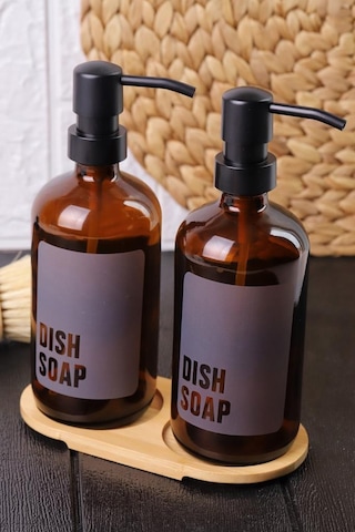 2'li Amber Cam Sıvı Sabunluk Seti Standlı Gri Etiketli