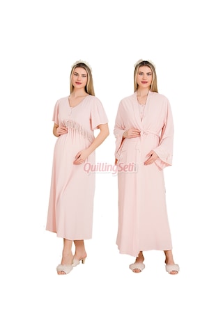 Lady Pembe Renkli, Dantel Detaylı, Derin Patlı, 33500 Sabahlıklı 2li Lohusa Hamile Gecelik Takımı Açık Pembe
