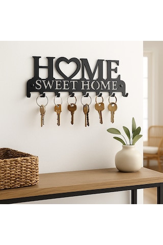 Lunoart Dekoratif Metal Anahtarlık Askılığı Giriş İçin Home Sweet Home Tasarımı Siyah
