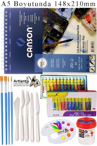 Canson Çok Amaçlı Sanatsal Blok A5 200 Gr 20 Yaprak 1 Adet Fanart 12 Renk Yağlı Boya Fırça Palet Spatula Fırça Temizleme