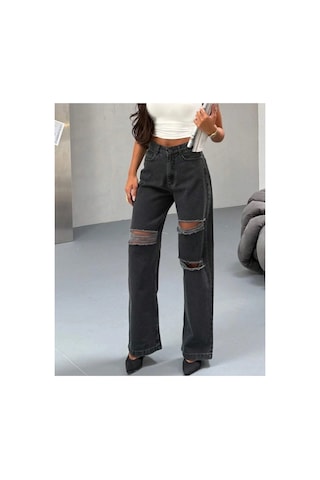Kene Jeans Çift Diz Lazer Yırtık Füme Bol Paça Jeans Füme