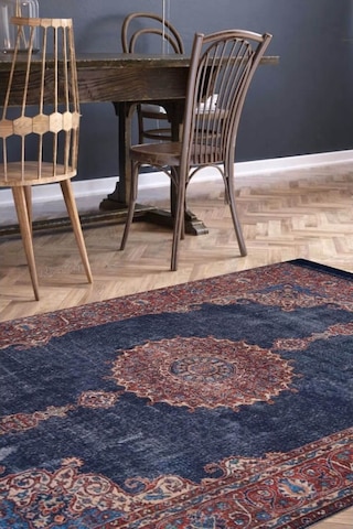 Blues Vintage Desenli Dokuma Taban Dekoratif Lacivert Halı (Al 87