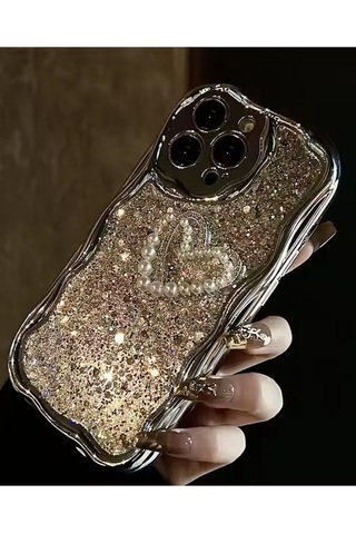 Caş Dekorasyon Gümüş Renk Kalp Figürlü Simli 15 Pro Max Telefon Kılıfı Gümüş