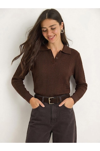 Shade Kadın Polo Yaka Patlı Regular Fit Triko Kazak 20258063 - Kahverengi