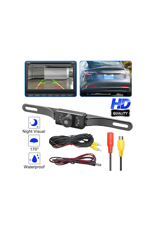 Folinda Araba Geri Görüş Kamerası, 7 Led Işıklı Ir Gece Görüşü, 170 Geniş Açı, Su Geçirmez, Plaka Çerçevesi Tipi