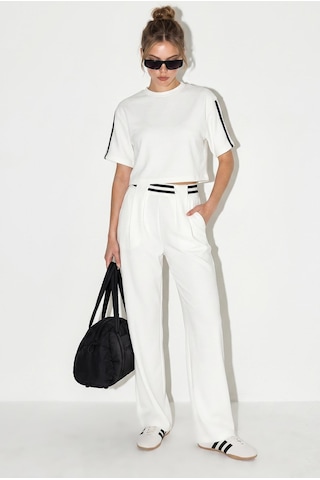 Shade Kadın Çizgi Detaylı Crop Bluzlu Yüksek Bel Modal Takım 4136 60286285 - Beyaz