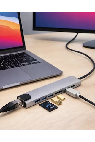 8 Port Type C Hub Usb Hdmı Rj45 Sd Tf Kart Okuyucu Çoklayıcı