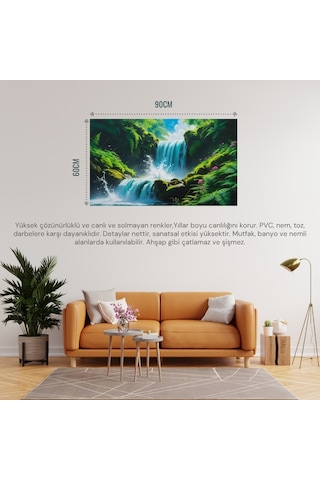 Doğa Ve Manzara Yatay Canlı Şelale Yemyeşil Bitki Örtüsü, Su Sıçramaları, Kayalar Parlak Mavi Gökyüzü 07 Çerçevesiz 90x60cm Pvc Tablo