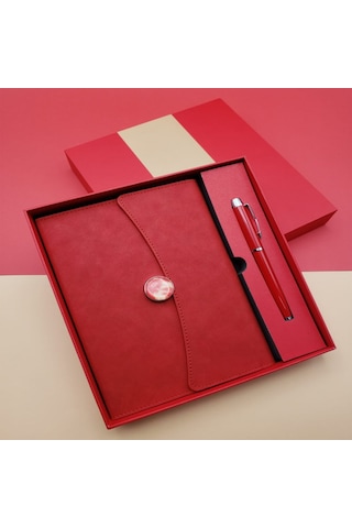 Mobgift Düğme Detaylı Tarihsiz Deri Defter Kalem Seti Kırmızı