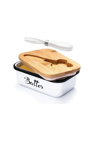 Aubyhe Güneşlenmiş Demir Ve Bambü Kapaklı Tereyağı Kutusu, Tereyağı Saklama, Taze Tutma, Kolay Yayılabilir, İki Stil Tereyağı Bıçağı İçeren Set Beyaz