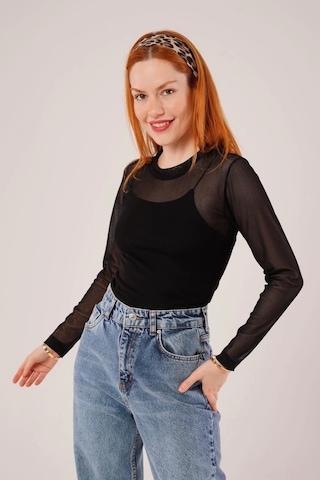 Transparan Siyah Tül Basic Bluz Siyah