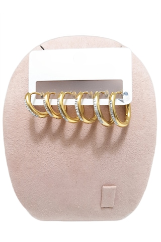 Çelik Küpe 3'lü Zirkon Taşlı Halka Model 1-2 Mm Kaliteli Çelik Altın Sarısı Gold Gold