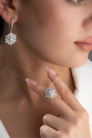Çekirdekjewelry 925 Ayar Gümüş Zirkon Taşlı Kar Tanesi Kolye Ve Küpe Seti Gri
