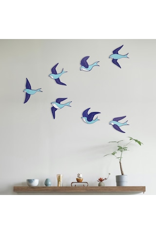 Cajuart Dekoratif 7 Parça Turkuaz Mavi Uçan Kuşlar Ahşap Duvar Tablo Duvar Dekoru