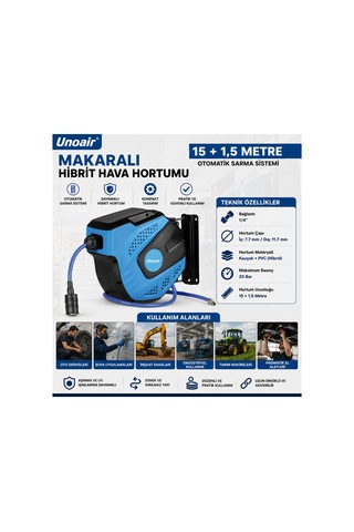 Unoair 10 Bar Otomatik Makaralı Hibrit Hava Hortumu 15+1.5 Metre