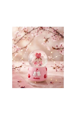 Sweet Love Koyu Pembe Kalpli Tavşanlı Işıklı & Müzikli Kar Küresi