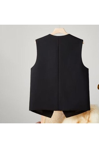 Kadın İş Yelek V Yaka Kolsuz Düz Renk Tek Göğüslü İşe Gidip Gelme Tarzı Hırka Takım Elbise Ceket Bej