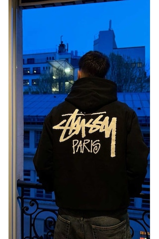 Hunors Sportswear & Company Stüssy Paris Baskılı Unisex Model Pamuklu Kapüşonlu Sweatshirt SIYAH
